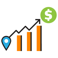 A line graph with three increasing orange bars, a blue location pin on the first bar, and a green dollar sign above the highest bar indicates financial growth.