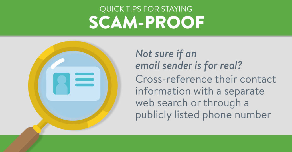 Magnifying glass next to text offering tips on how to confirm if an email sender is legit